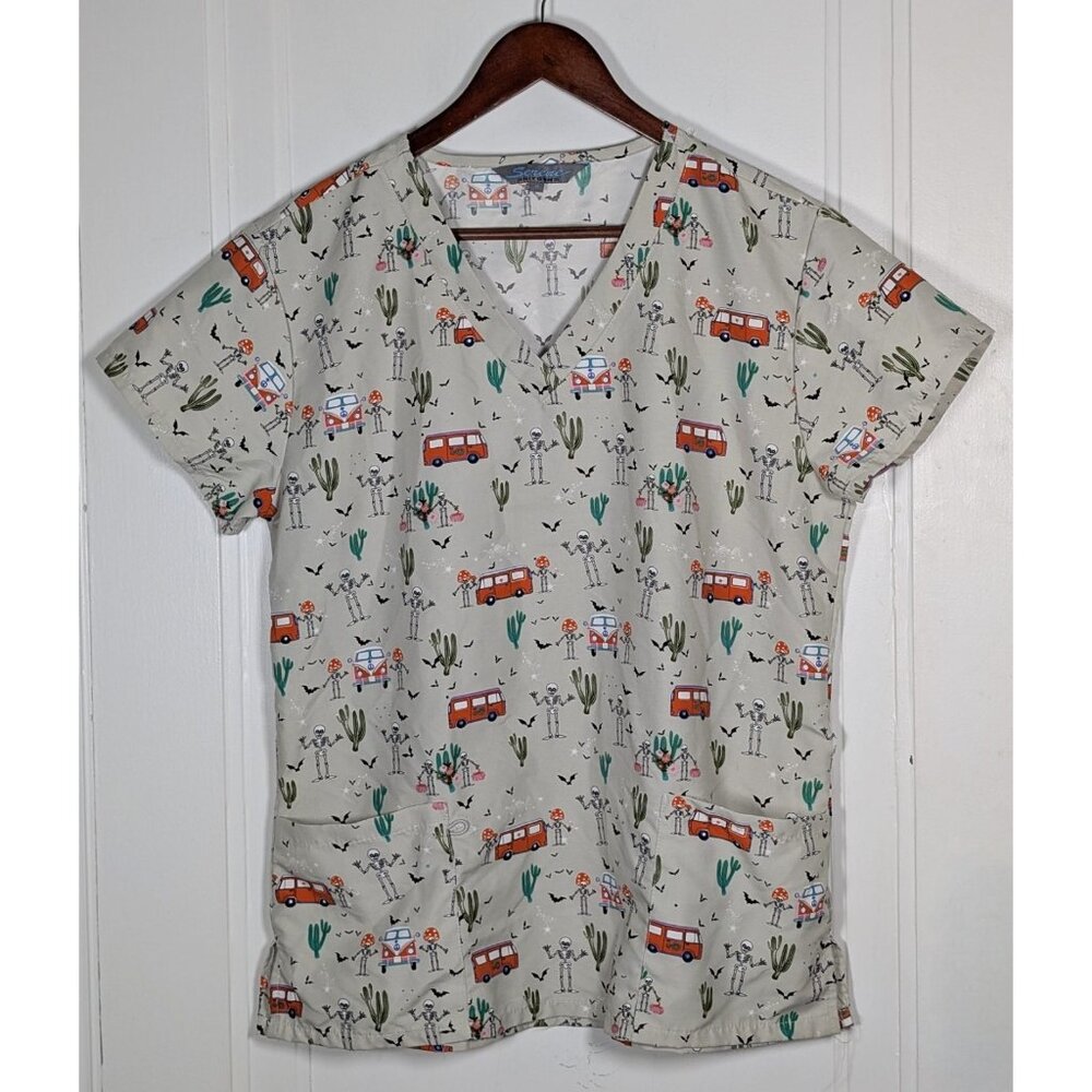 Serene Uniforms Scrub Top Womens Medium Nurse Skeletons Hippee Bus Halloween